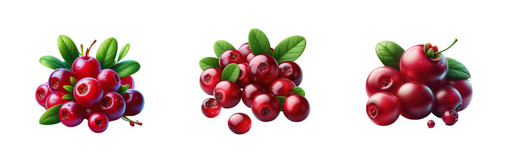 Wall Mural - Set of  A Vibrant of Fresh Cranberries, isolated over on transparent white background