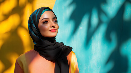 colorful and modern stylish fashion shoot of a muslim hijab woman in a dynamic