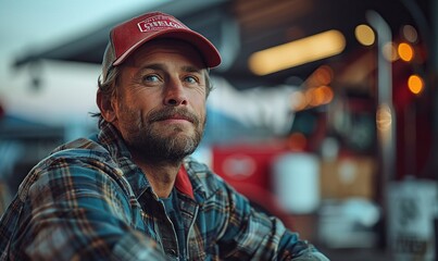 two truckers sitting on a bench talking in a blurry background.