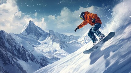 snowboarder in snowy mountains. copy space