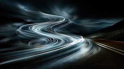 Wall Mural -   A well-exposed photo capturing cars moving along a dark highway at night, with their headlights creating light trails across the starry sky