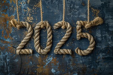 Wall Mural - Jute rope 2025 numbers, nautical cord new year greeting card, eco vintage celebrate banner, natural thread