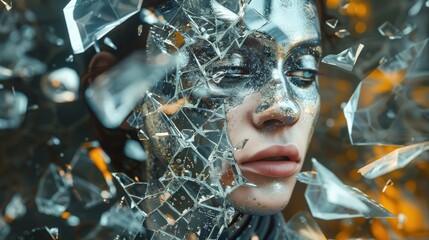 Poster - A human-like figure with a metallic visage stands amidst shattered glass, illuminated by a warm glow, creating a surreal and striking atmosphere