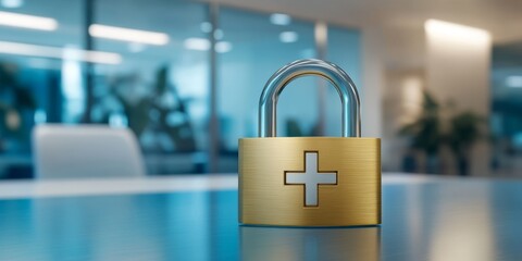 Poster - A padlock symbolizes data security in healthcare, highlighting the importance of protecting sensitive patient information in hospitals with advanced protective technology and systems