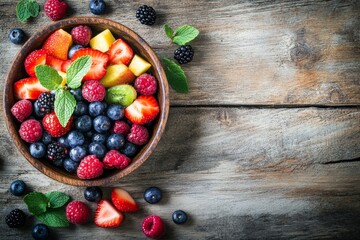 Wall Mural - A bowl filled with vibrant berries and seasonal fruits, artfully arranged with fresh mint leaves, rests on a rustic wooden surface