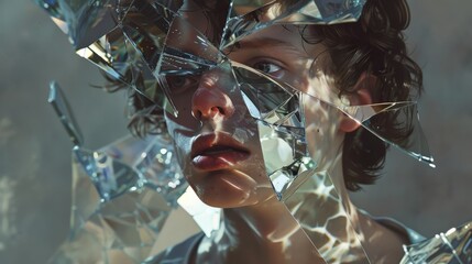 Poster - A young person gazes into the shards of broken mirrors, reflecting diverse light and emotions in an artistic and thought-provoking manner