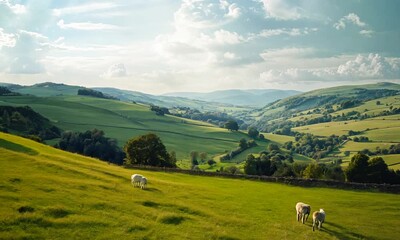 Wall Mural - a herd of sheep grazing on a lush green hillside