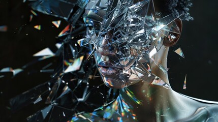 Poster - A person’s face appears shattered with crystal fragments, casting colorful reflections in a dark space, emphasizing the interplay of light and form