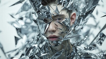 Poster - A young individual's face is partially obscured by sharp, reflective shards, creating a striking visual representation of fragmentation and self-exploration