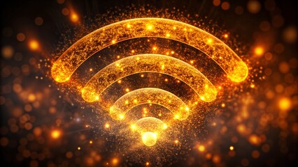 Poster - Abstract Orange Particle Swarm Forming WiFi Symbol - Tech Glow Connectivity Concept on Dark Background