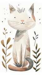 Watercolor illustration of a cute cat with floral accents.