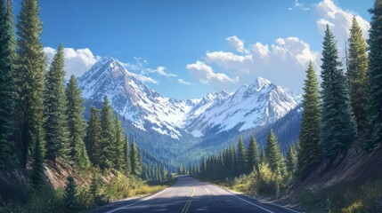 Poster - A scenic mountain road lined with pine trees and leading through a picturesque valley, with distant peaks and clear skies creating a tranquil and inviting landscape.