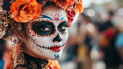 Close-Up of a Parade Participant Wearing Catrina Makeup