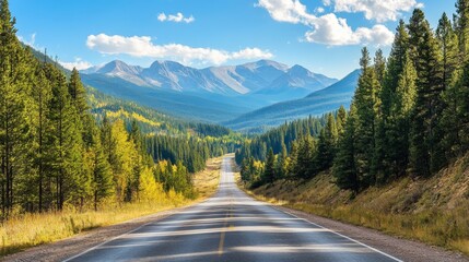Poster - A scenic mountain road lined with pine trees and leading through a picturesque valley, with distant peaks and clear skies creating a tranquil and inviting landscape.