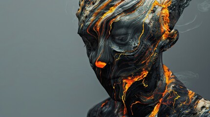 Poster - A model displays stunning body art that simulates flowing lava, emphasizing intricate details against a muted background