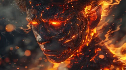 Poster - A mystical figure emanates warmth with glowing eyes and fiery textures, showcasing a captivating blend of nature and energy in a surreal environment