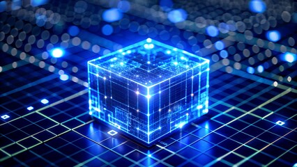 Poster - Blue Cube Glowing on a Digital Grid