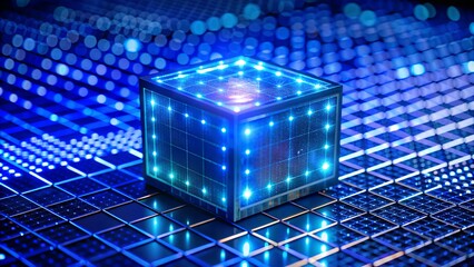 Poster - Blue Cube Glowing on a Digital Grid