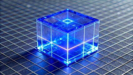Poster - Blue Cube Glowing on a Digital Grid