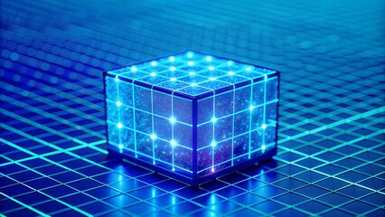 Poster - Blue Cube Glowing on a Digital Grid