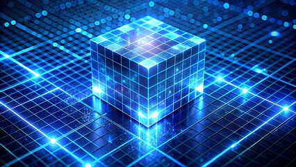 Poster - Blue Cube Glowing on a Digital Grid
