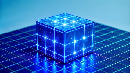 Poster - Blue Cube Glowing on a Digital Grid