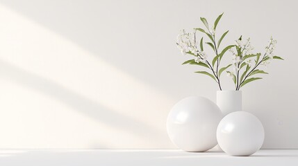 Canvas Print - Minimalist White Interior with Flowers and Spheres.