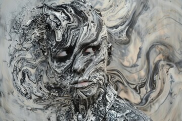 Poster - An individual is adorned with intricate black and white paint, showcasing a unique abstract design in a contemporary art setting