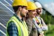 © cochisevisuals - Three construction workers wearing hard hats stand in front of solar panels, smiling.