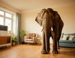 © kim - Big elephant calm in a apartment as a funny lack of space and pet concept image. AI generated image.