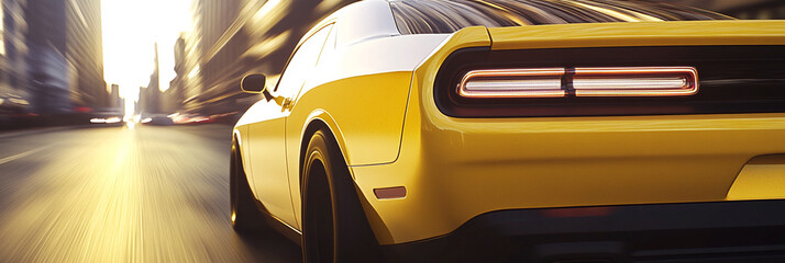 Wall Mural - Yellow american muscle car road in the city golden hour