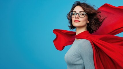 Confident looking mighty powerful young adult person wearing superhero costume on blue background. Portrait of happy brave woman with superpowers wearing red hero cape while standing with arms