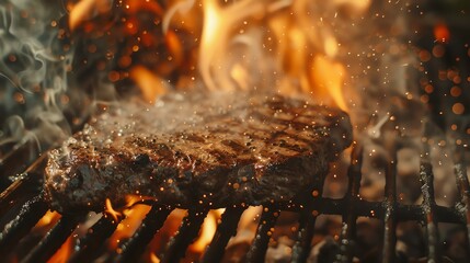 A juicy, sizzling steak on a flaming grill, featuring vibrant flames and mouthwatering textures perfect for food, barbecue, and summer themes.