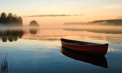 Canvas Print - a red boat floating on top of a lake next to a forest