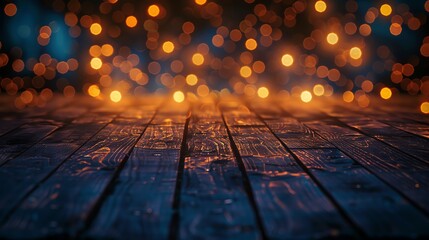 Blurred bokeh lights creating a warm, festive atmosphere with a vibrant wooden floor in the foreground. Suitable for holiday or celebration themes.