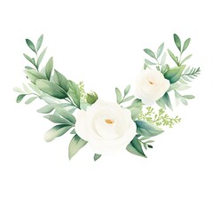 Elegant illustration of white roses with green leaves, suitable for wedding invitations, greeting cards, or floral-themed designs,