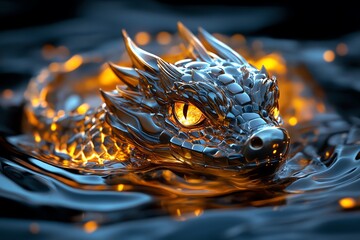 Aufkleber - A stunning digital artwork of a metallic dragon emerging from molten lava, showcasing vibrant colors and intricate details.