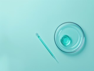 Clear petri dish with sterile pipette set against a light blue background in a laboratory setting