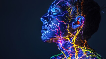 Poster - Neon colors illuminate a person's face, creating an intricate design reminiscent of branches against a dark backdrop