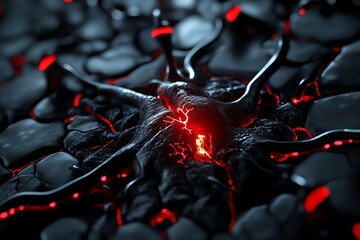 Poster - Abstract futuristic neuron with glowing red synapses in a dark, metallic environment, showcasing neural network and biotechnology concept.