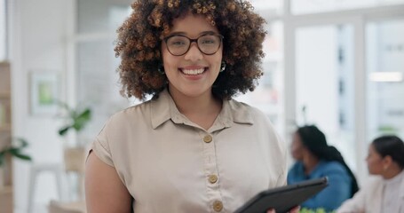 Poster - Face, business and woman with a tablet, smile and connection with typing, search internet and network. Project planner, happy employee and consultant with technology, company website and digital app