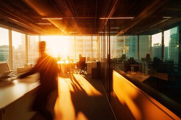 Wall Mural - Long exposure shot of crowd of business people walking in bright office lobby fast moving with blurry