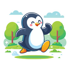 Wall Mural - a cartoon Penguin running happily in park flat colorful vector