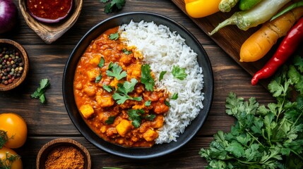 Poster - A top-down view of a plate of hot, freshly cooked rice with a garnish of herbs, served alongside curry and vegetables on a well-set dining table.