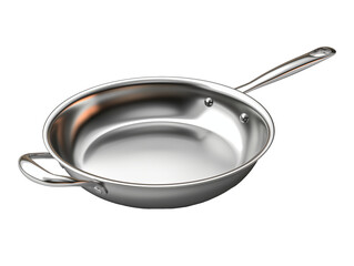 stainless steel frying pan on a transparent background. The pan looks new, shiny and has a classic design.