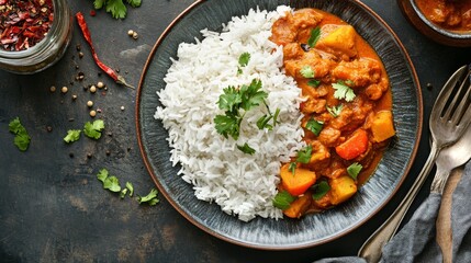 Poster - A top-down view of a plate of hot, freshly cooked rice with a garnish of herbs, served alongside curry and vegetables on a well-set dining table.