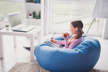 Sticker - Full size photo of small cute daughter remote education sit bean bag home schooling eat apple isolated indoors