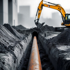 excavator on construction site. A large excavator is digging in the dirt next to a long pipe