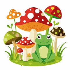 Canvas Print - mush rooms and frogs rain vector illustration