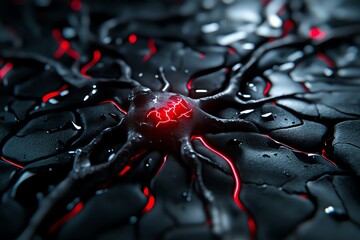 Poster - Close-up of a glowing neural network with red energy pulses on a dark surface, representing high-tech connections and futuristic networks.